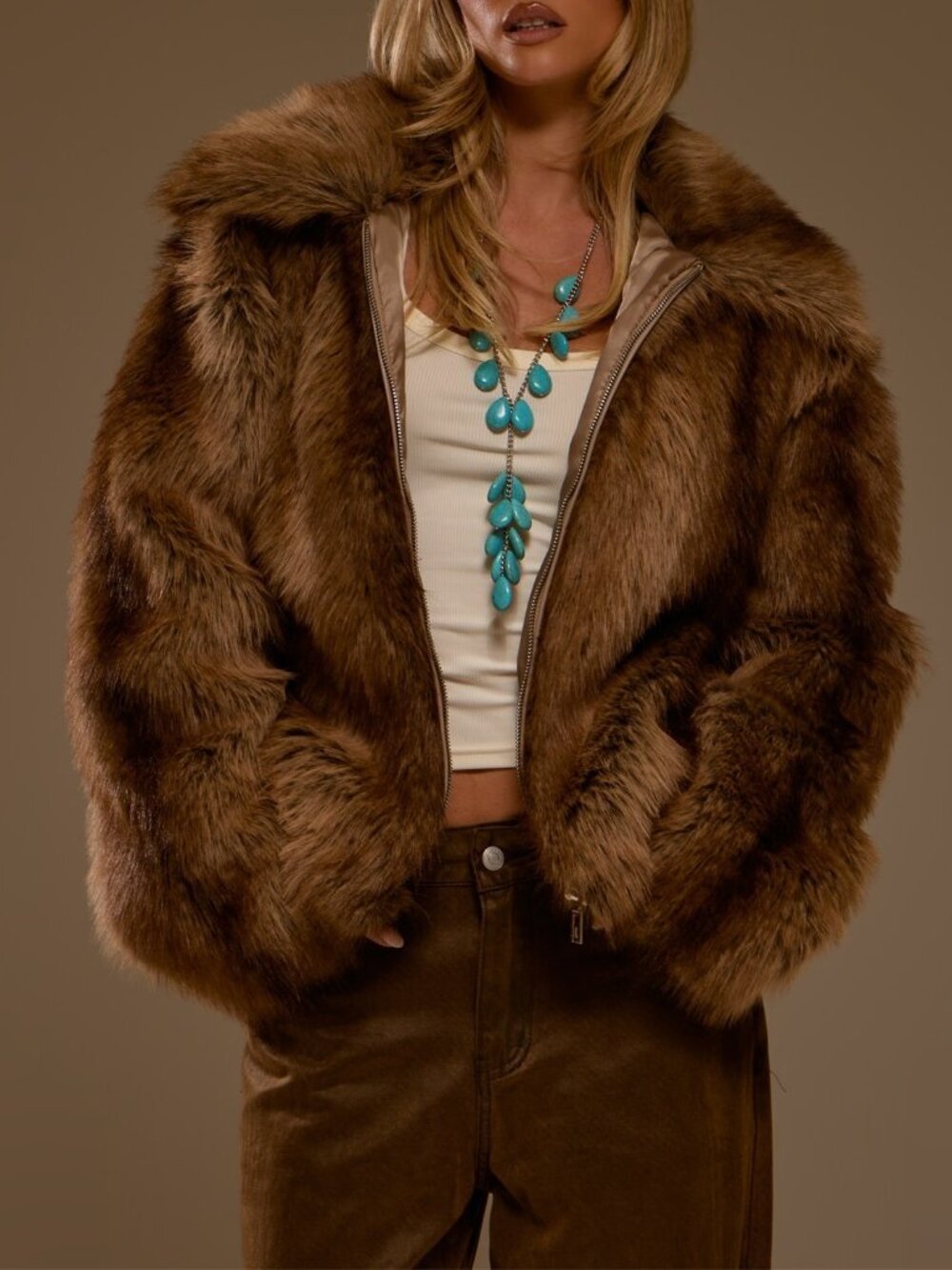 Brown Casual Women's Faux Fur Collared Zip-Through Regular Long Sleeve Jacket